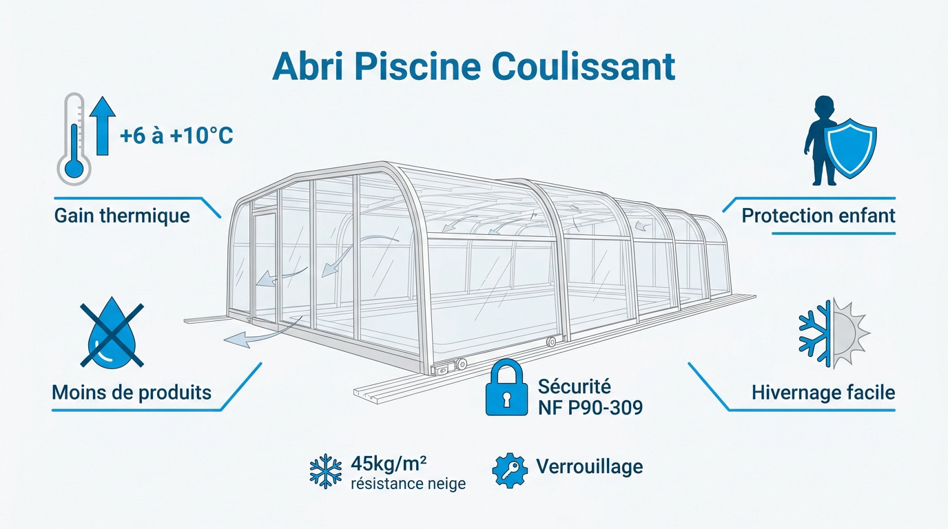 Abri piscine coulissant protégeant le bassin et chauffant l'eau naturellement