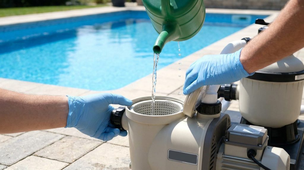 Une personne remplit le préfiltre d'une pompe de piscine avec de l'eau à l'aide d'un arrosoir.