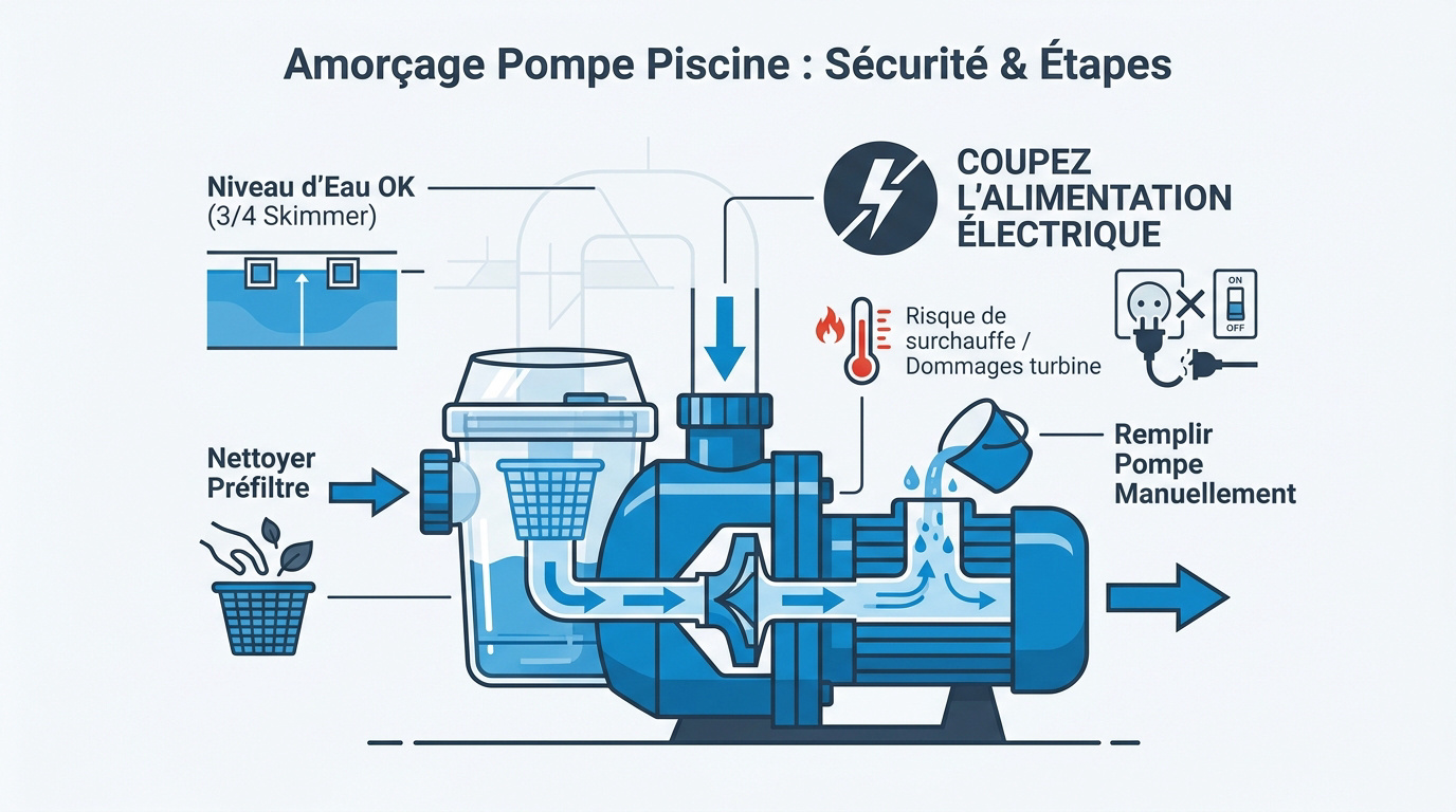 Étapes de sécurité pour l'amorçage d'une pompe de piscine