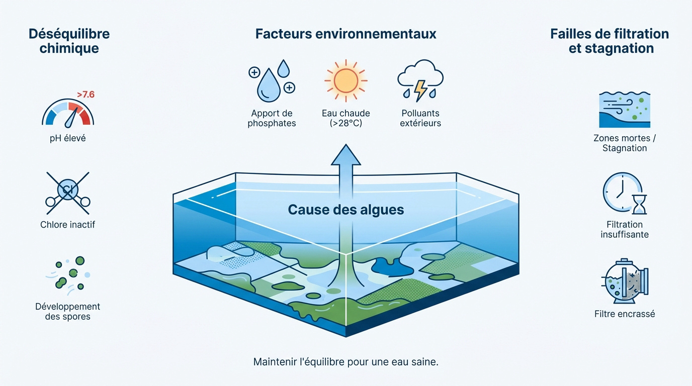 Schéma expliquant les causes de l'apparition des algues dans une piscine familiale