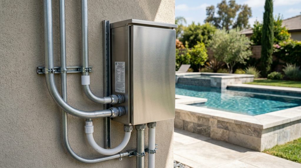 Coffret électrique en acier inoxydable monté sur un mur près d'une piscine.