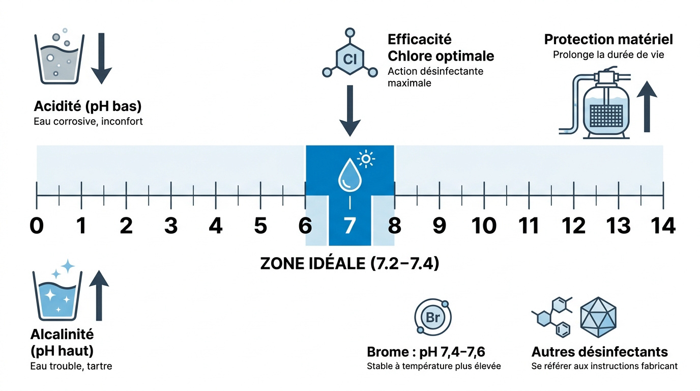 Schéma de l'échelle pH piscine et zones optimales pour les désinfectants