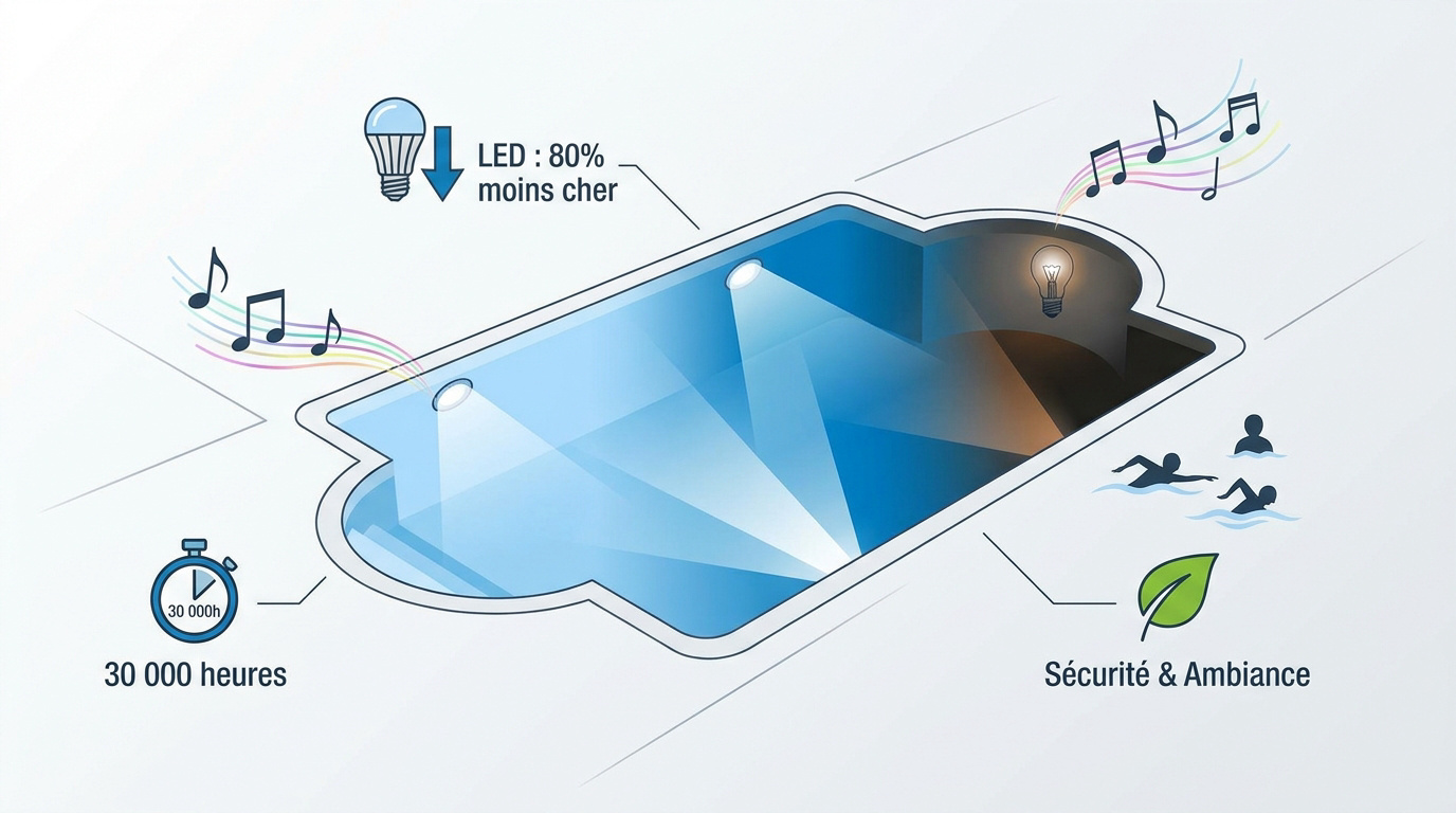 Projecteur LED immergé illuminant une piscine moderne de nuit