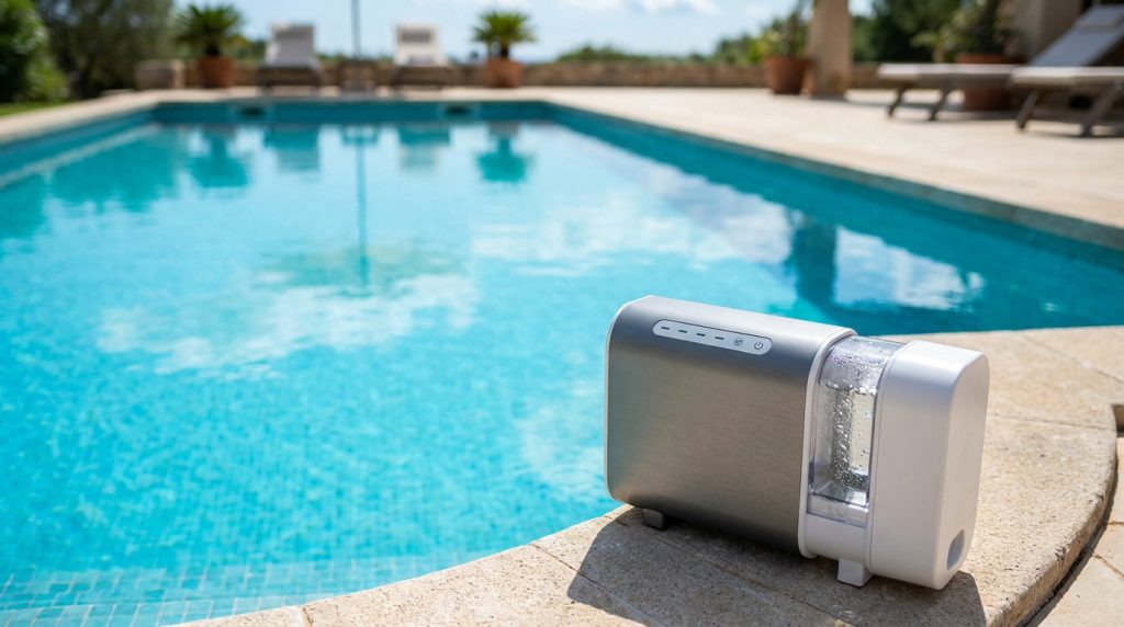 Électrolyseur de piscine moderne posé sur le bord d'une piscine avec une eau bleue cristalline en arrière-plan.