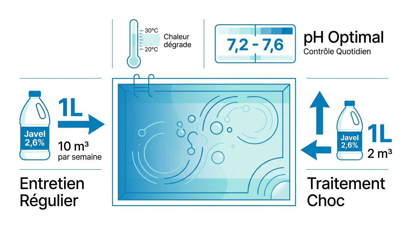 Schéma explicatif du dosage de javel et de l'équilibre du pH pour piscine