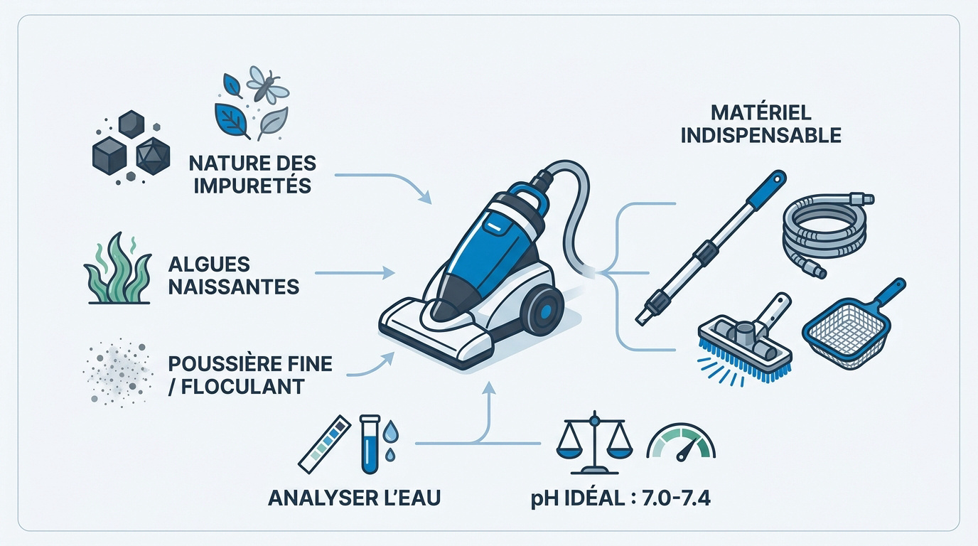 Infographie détaillant le matériel d'aspiration et les étapes d'entretien du fond de piscine