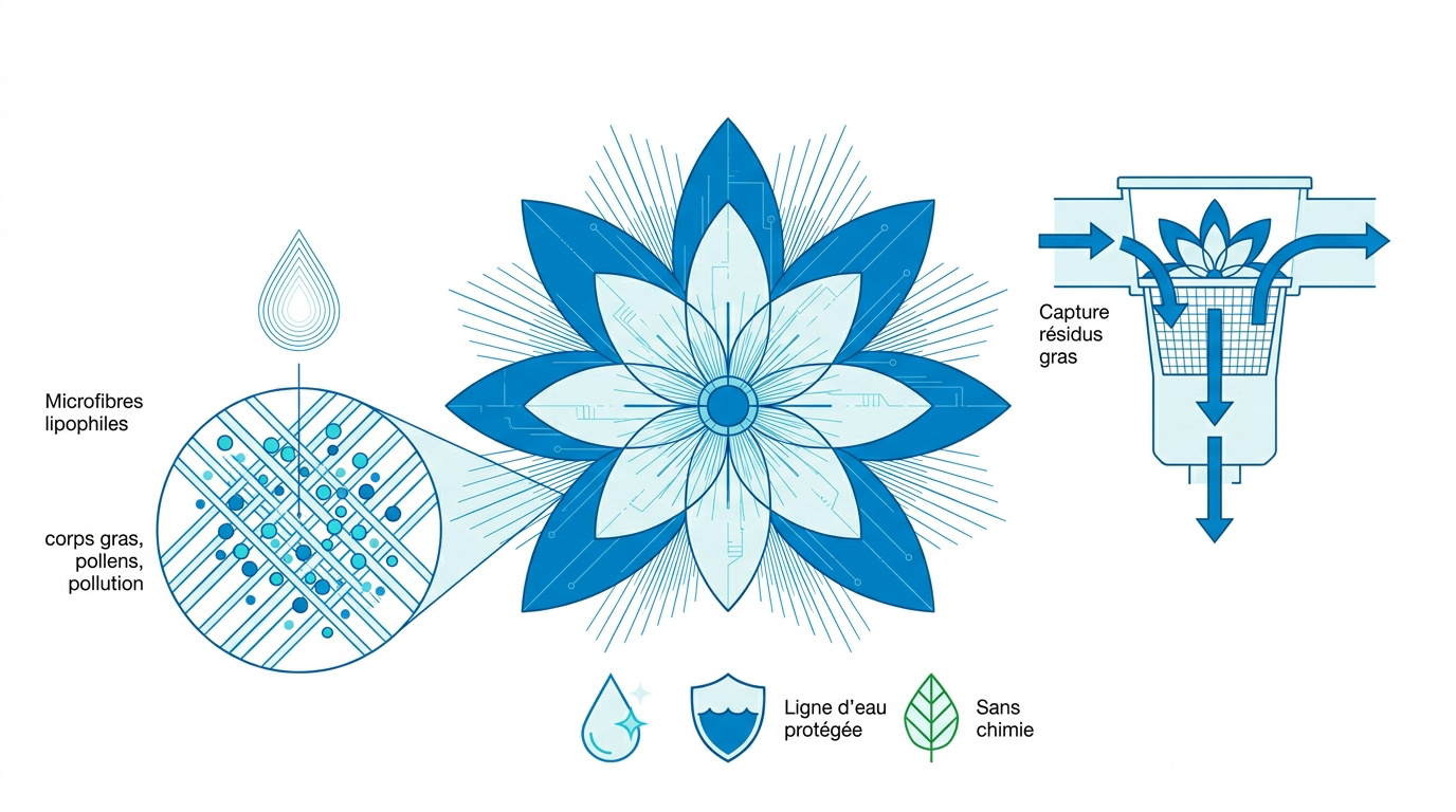 Infographie montrant la capture des résidus gras par les microfibres lipophiles dans une piscine