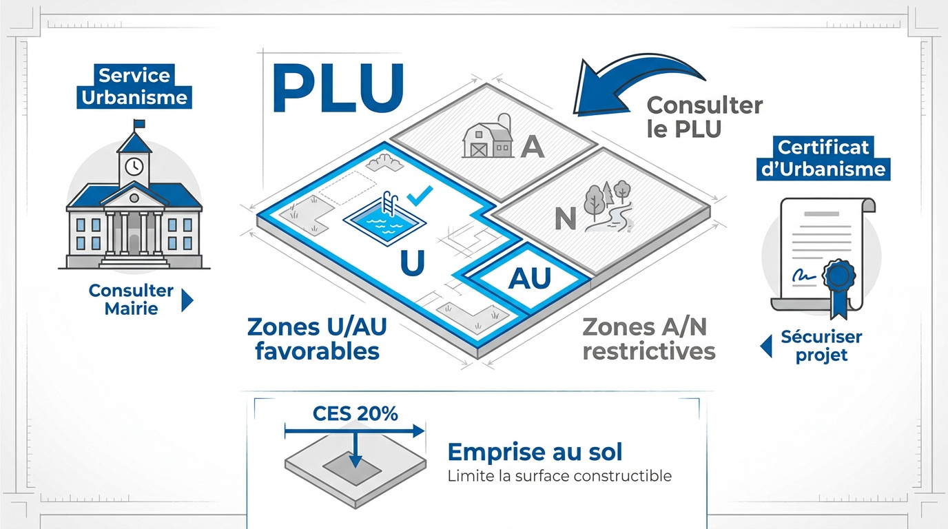 Infographie sur le zonage PLU et la constructibilité d'une piscine