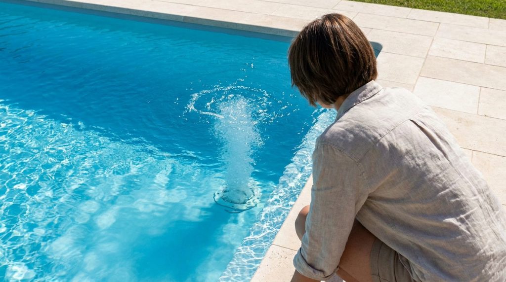 Une femme observe une bulle d'air remontant à la surface d'une piscine, signe d'une fuite potentielle.