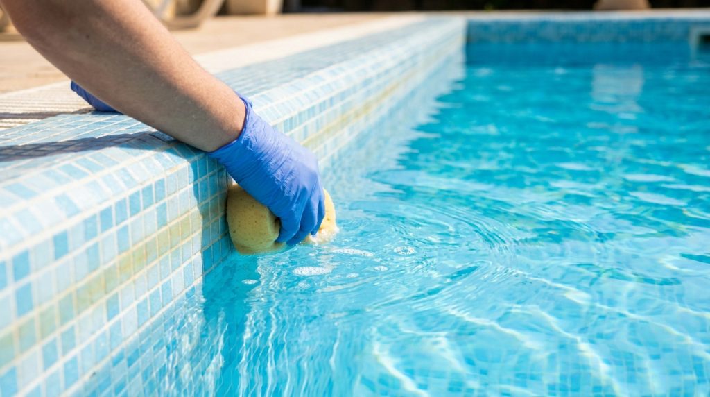 Main gantée de bleu frottant la ligne d'eau jaunie d'une piscine avec une éponge. Carrelage mosaïque et eau bleue claire.