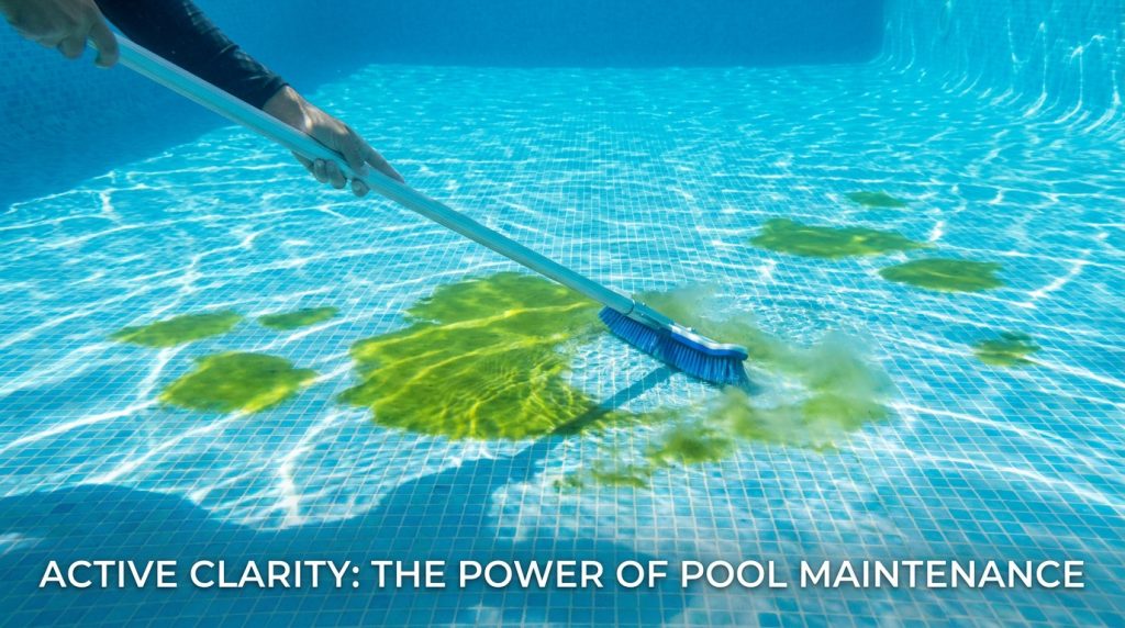Une personne brosse des algues vertes au fond d'une piscine avec un balai brosse télescopique.