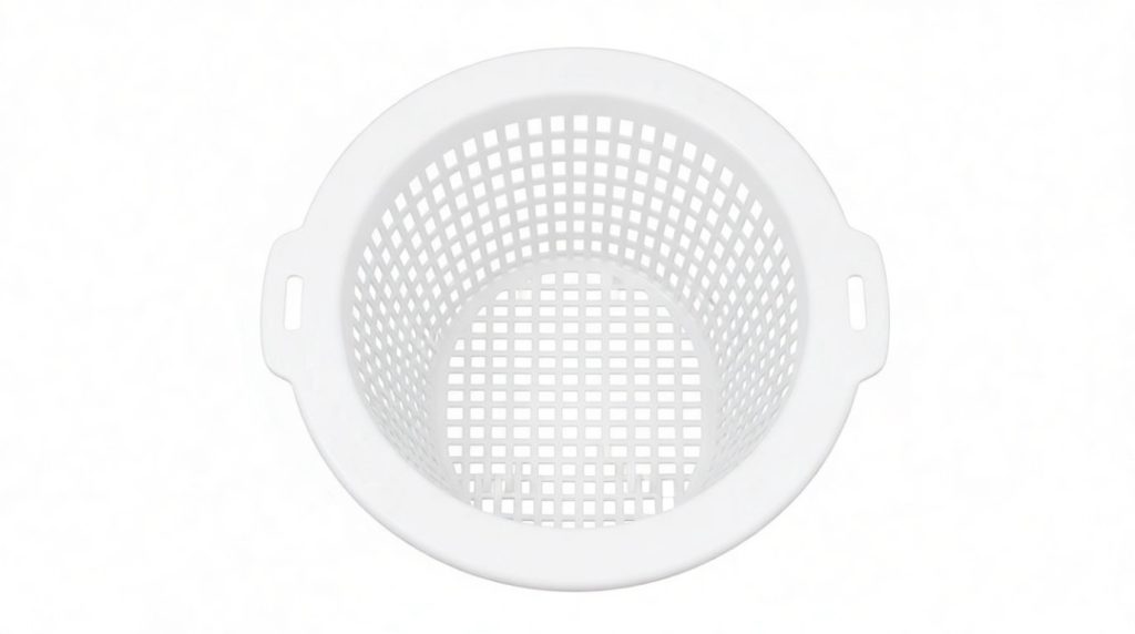 Panier de skimmer de piscine blanc en plastique ajouré, vu de dessus, avec deux poignées latérales. Idéal pour filtrer les débris.