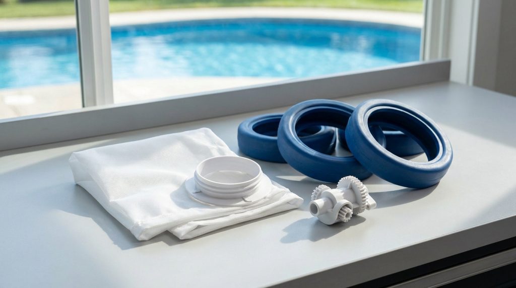 Pièces détachées du robot Polaris 280 : sac filtre blanc, trois pneus bleus, un engrenage blanc, et un bouchon à filtre, sur fond de piscine.
