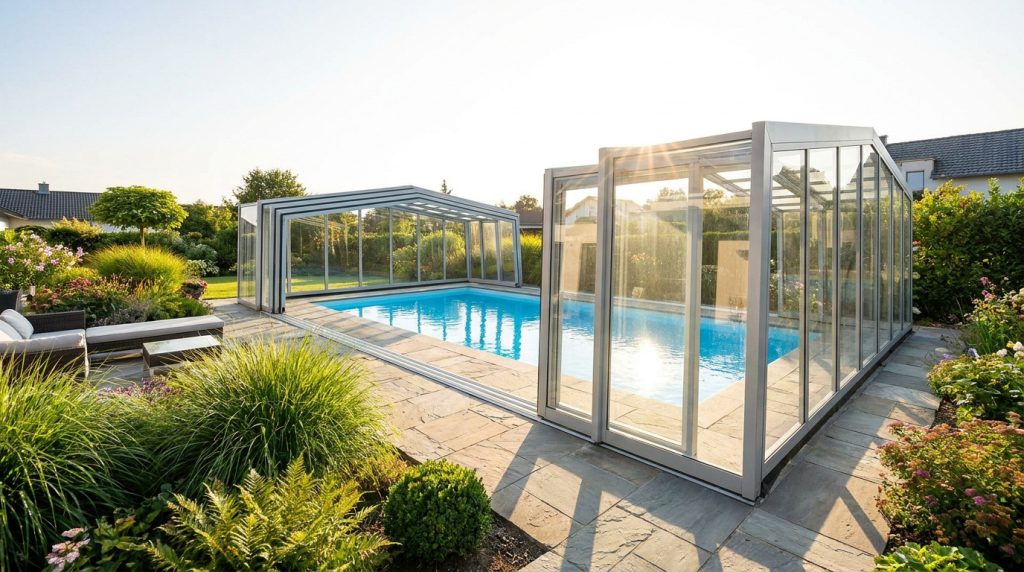 Piscine extérieure dotée d'un abri coulissant en verre dans un jardin ensoleillé et verdoyant.
