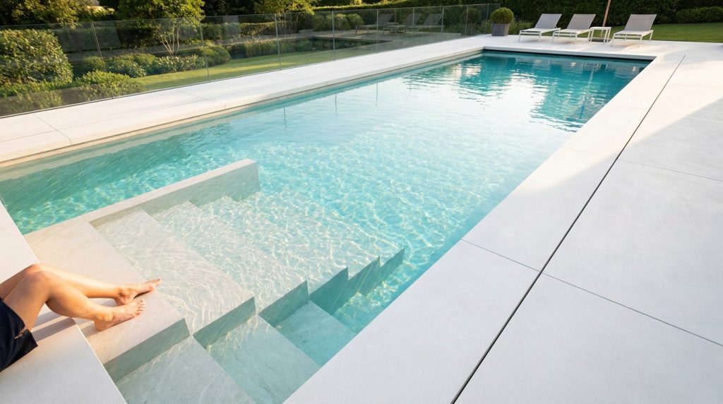 Vue plongeante sur un escalier de piscine intérieur en béton clair avec une personne assise au bord de l'eau.