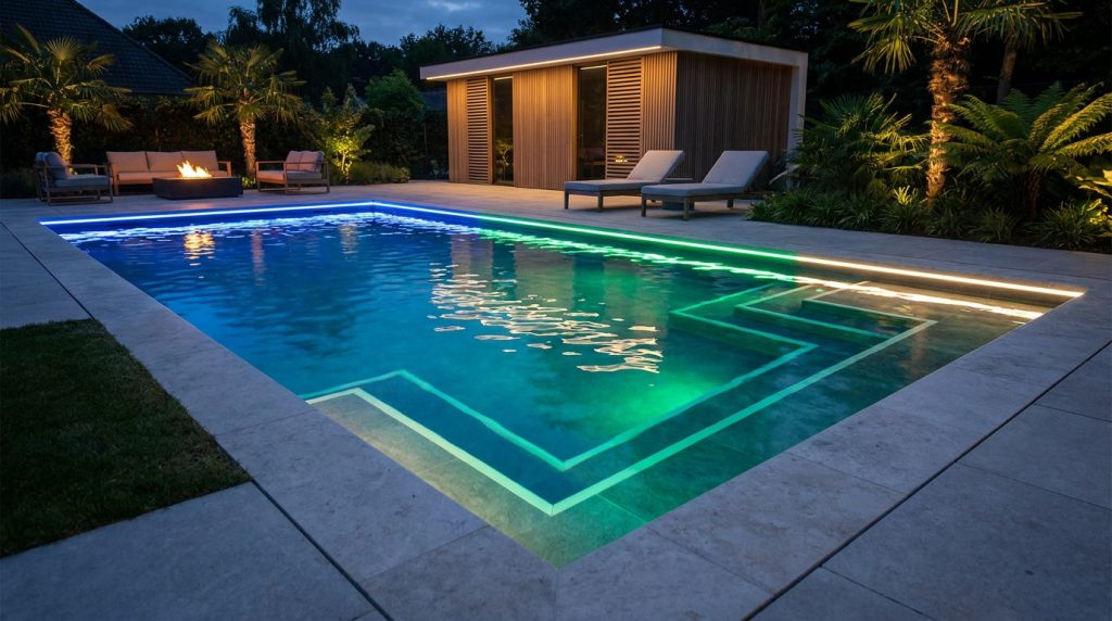Piscine moderne avec éclairage LED linéaire intégré entourée d'une terrasse en pierre et d'un jardin la nuit.