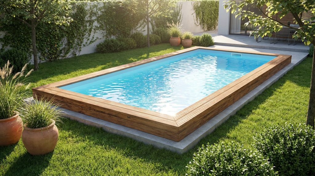 Piscine rectangulaire avec habillage bois, installée dans un jardin verdoyant baigné de soleil. Pelouse, arbres et arbustes entourent le bassin.