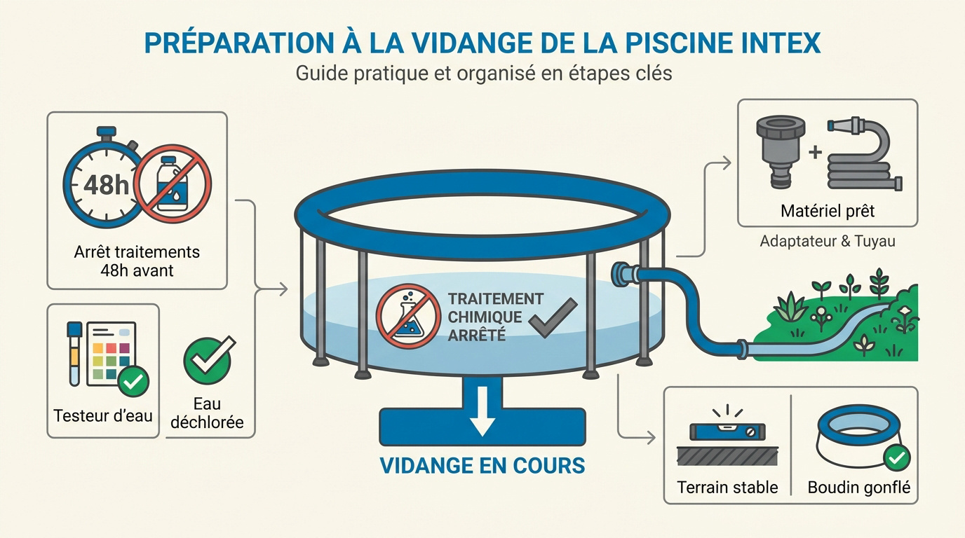 Préparation du matériel pour vider une piscine Intex dans un jardin