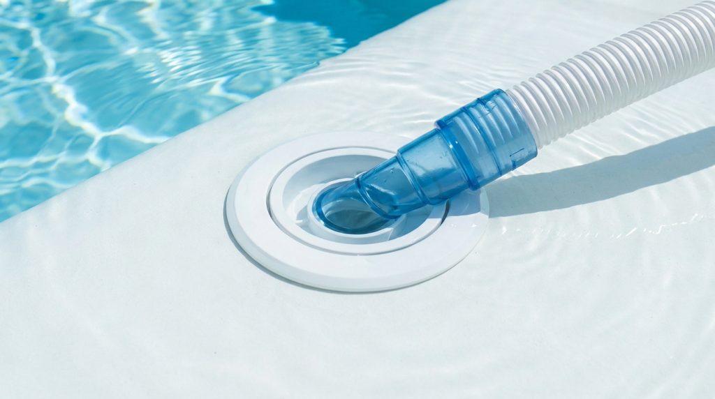Prise balai murale d'une piscine avec un raccord bleu et un tuyau d'aspirateur blanc immergé dans l'eau claire.
