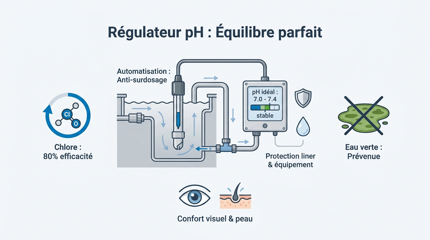Régulateur de pH automatique installé dans un local technique de piscine