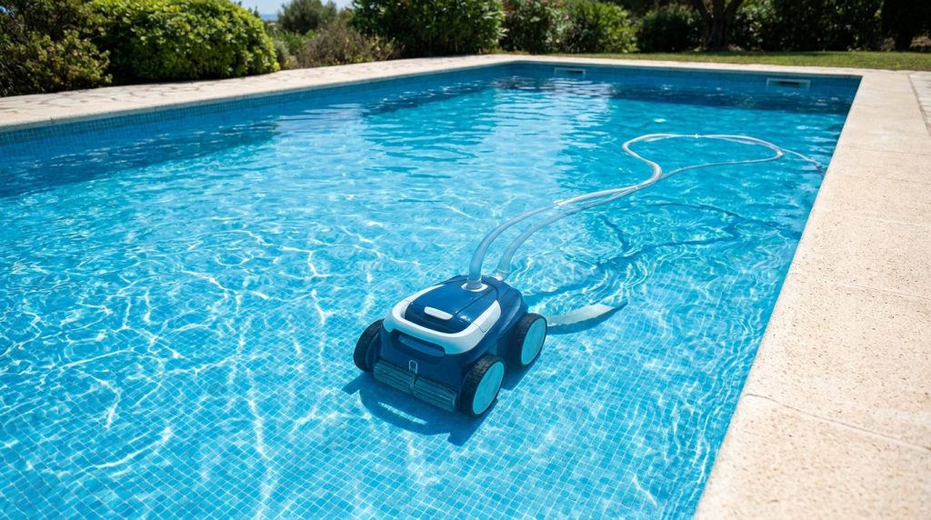 Robot nettoyeur de piscine Polaris 280 bleu et blanc dans une piscine à carreaux bleus, avec son tuyau de connexion.