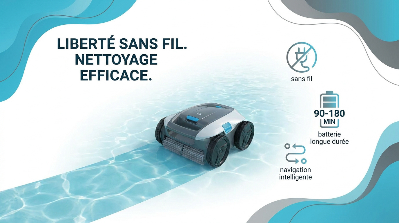 Robot de piscine sans fil en plein nettoyage autonome du fond du bassin