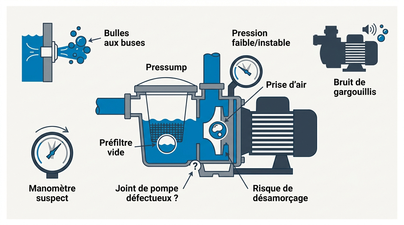 Signes visuels d'une prise d'air dans le préfiltre d'une pompe de piscine