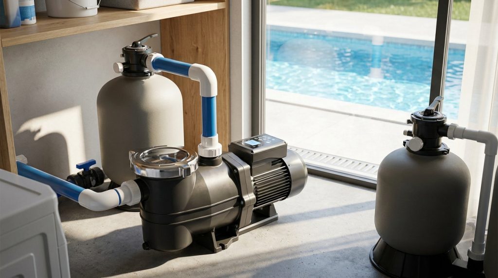 Pompe de filtration de piscine avec filtre à sable installée dans un local technique propre.
