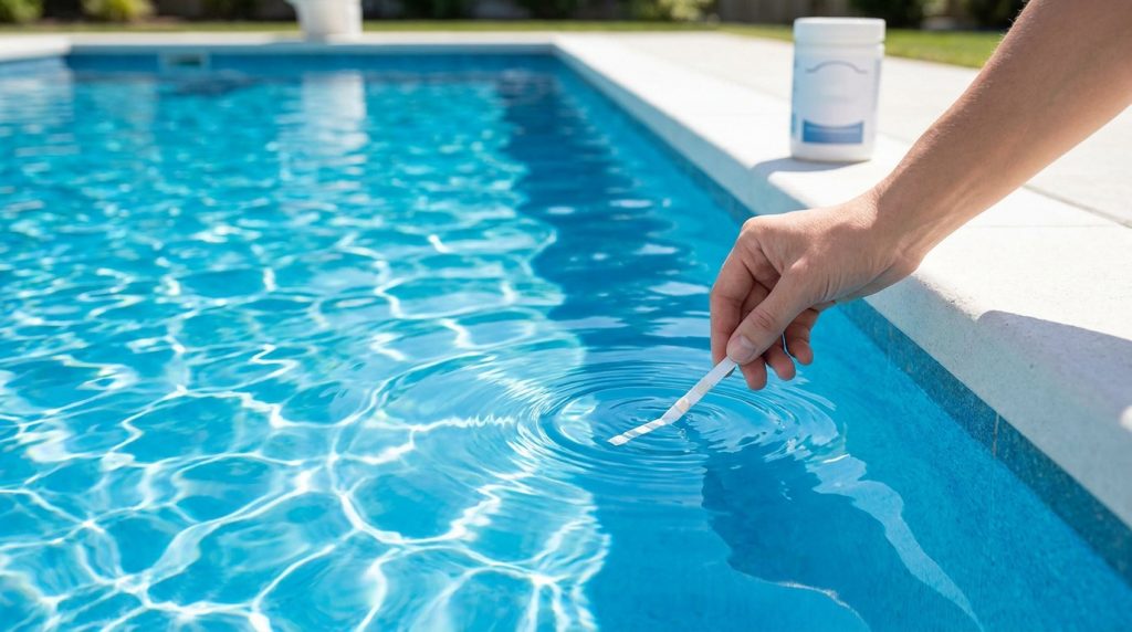 Main plongeant une bandelette de test dans l'eau d'une piscine pour mesurer le taux de stabilisant.