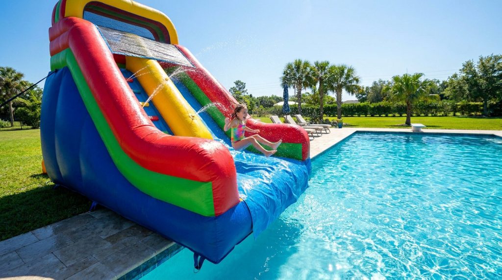 Une jeune fille glisse sur un toboggan gonflable coloré qui déverse de l'eau dans une piscine ensoleillée.