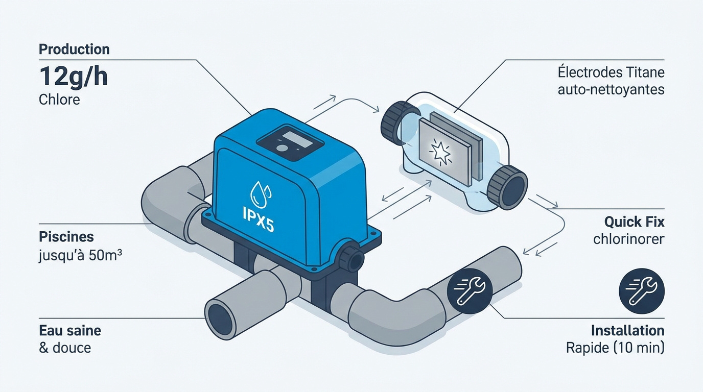 Vue isométrique de l'électrolyseur au sel Zodiac Ei2 12 pour piscine
