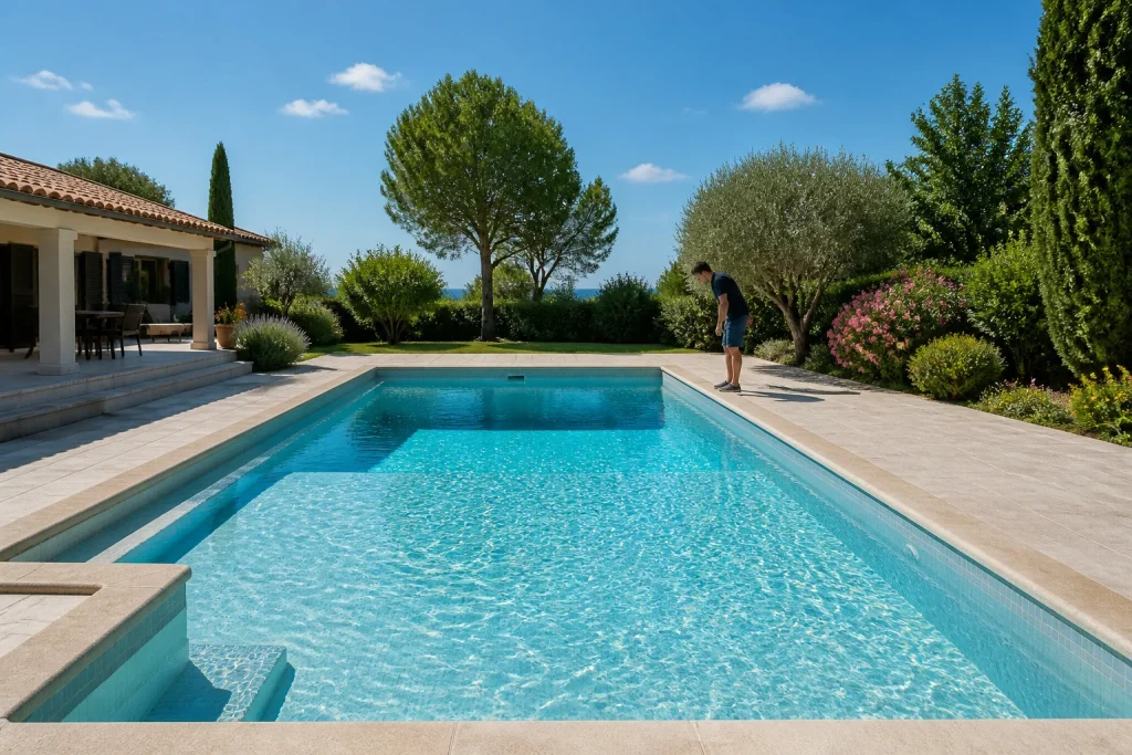 Piscine bleue etincelante sous le soleil