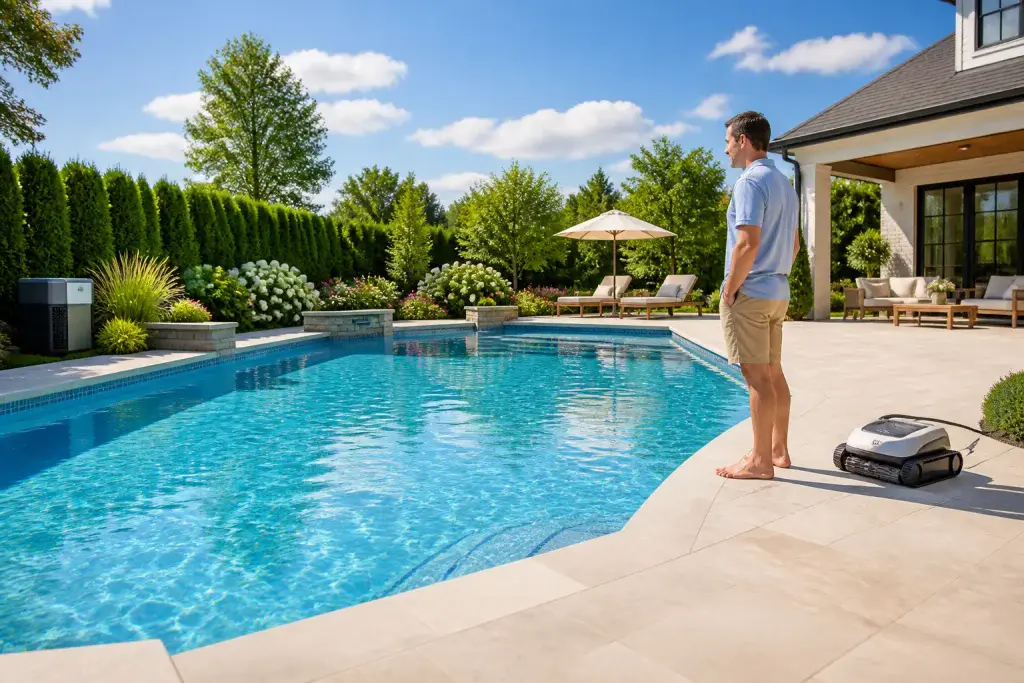 Piscine moderne et jardin luxuriant