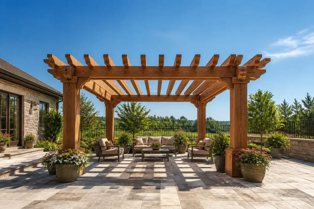 Pergola en bois dans un jardin ensoleille