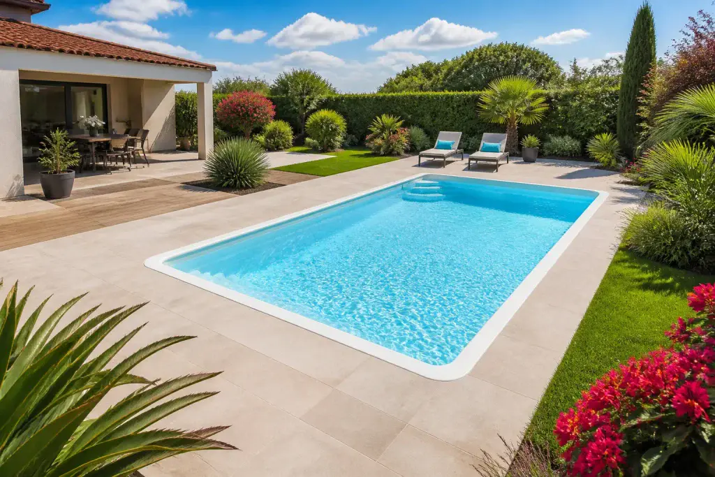 Piscine coque moderne dans jardin paysager