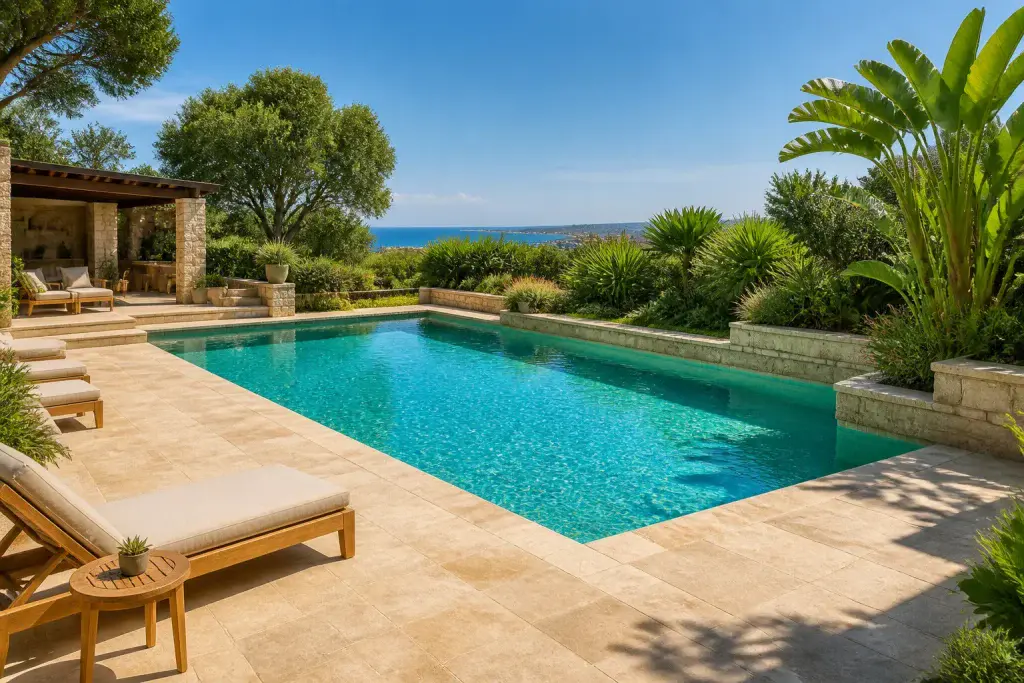 Piscine luxueuse et jardin mediterraneen