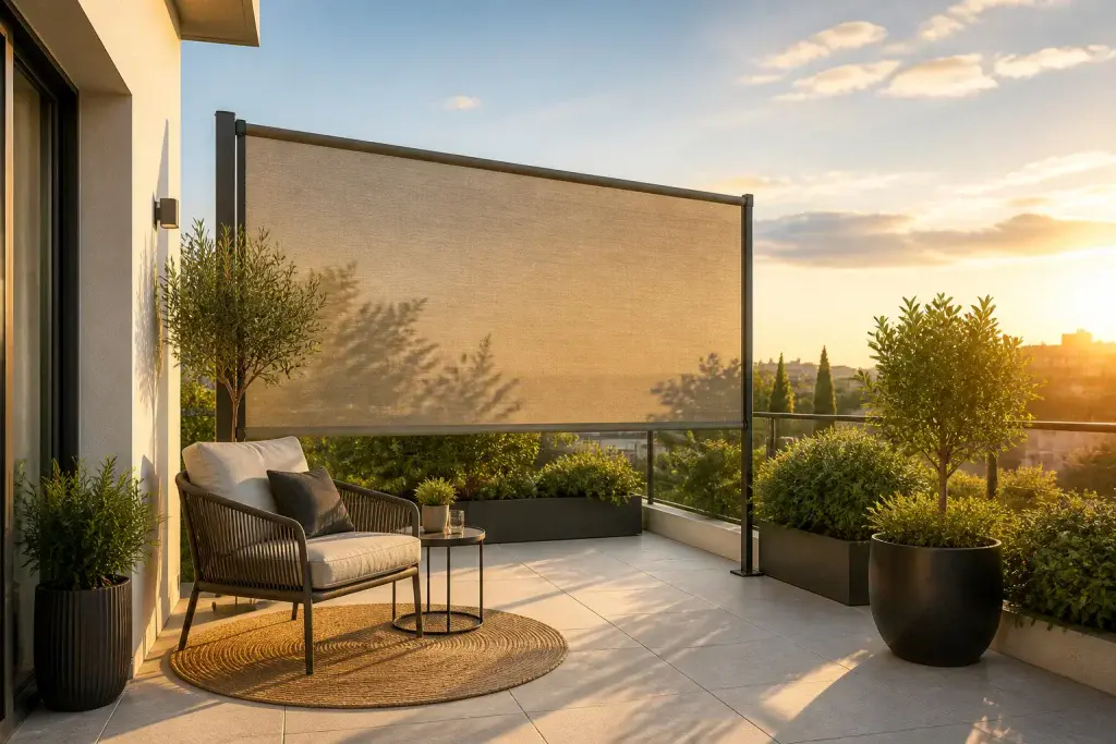 Terrasse moderne avec ecran retractable au coucher du soleil