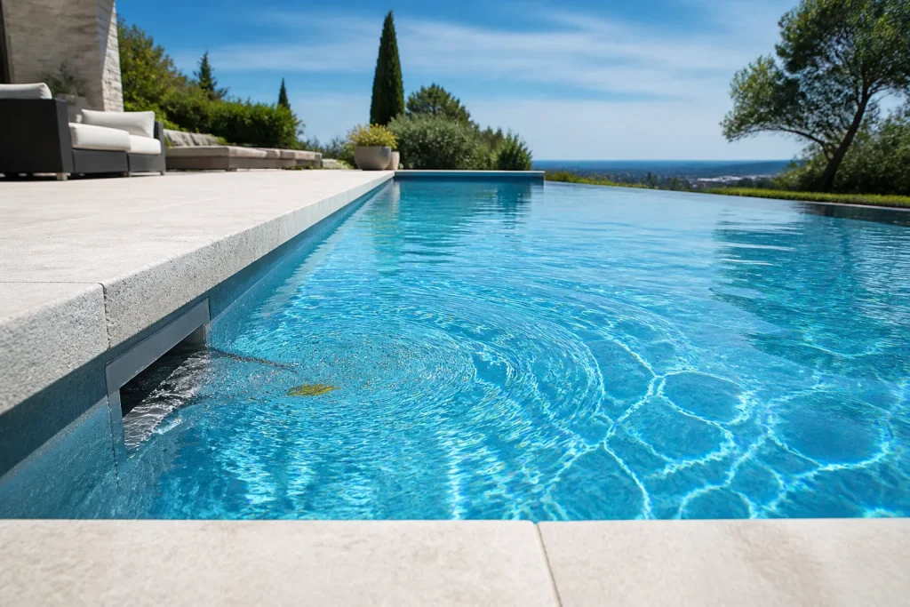 Piscine moderne eau cristalline et ecumoire discrete