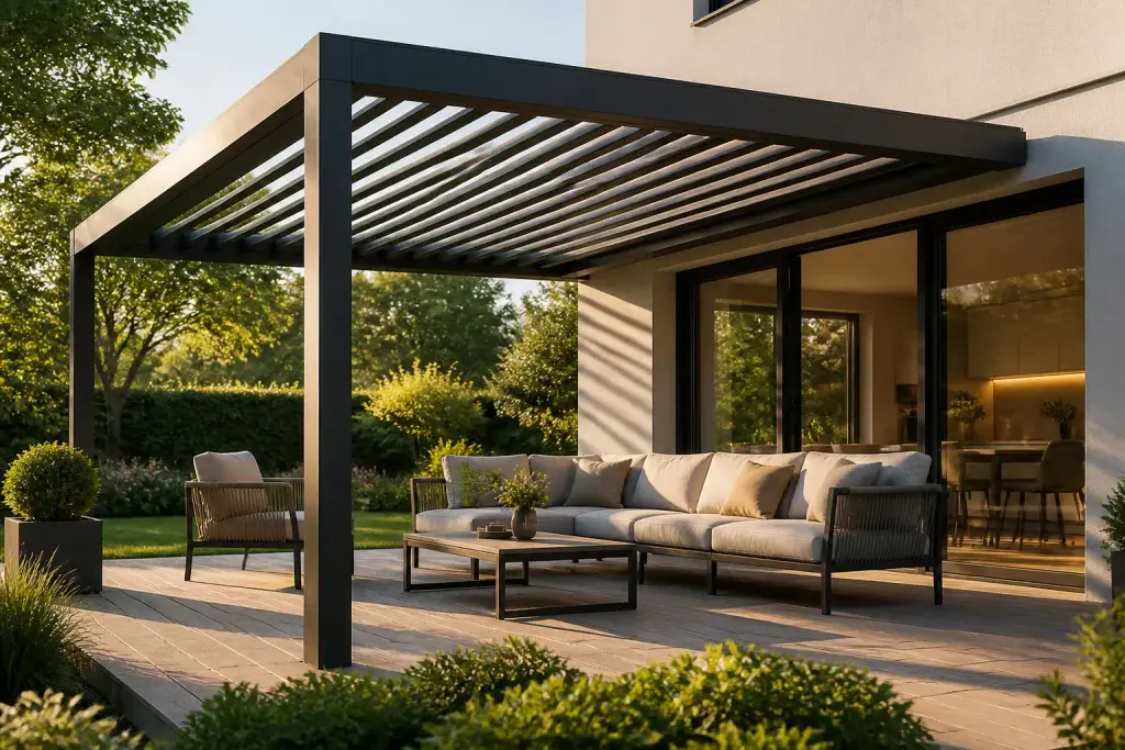 Pergola bioclimatique moderne avec salon exterieur