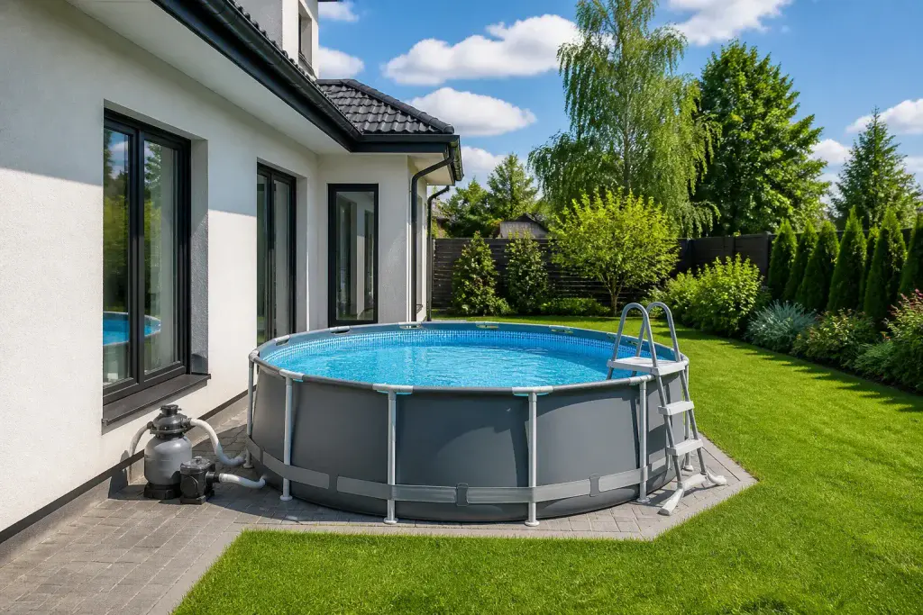 Piscine hors sol moderne dans un jardin dete