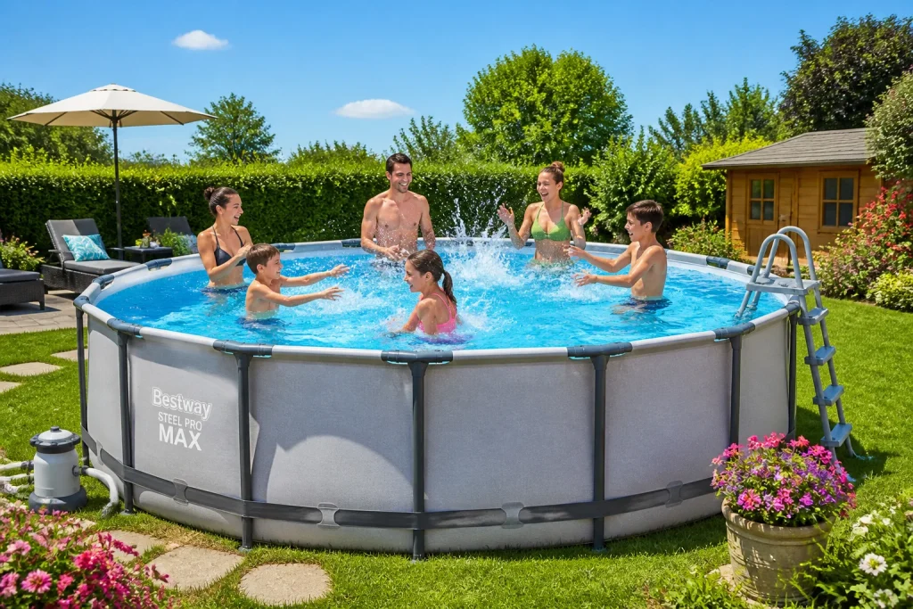 Joie dete dans une piscine hors sol