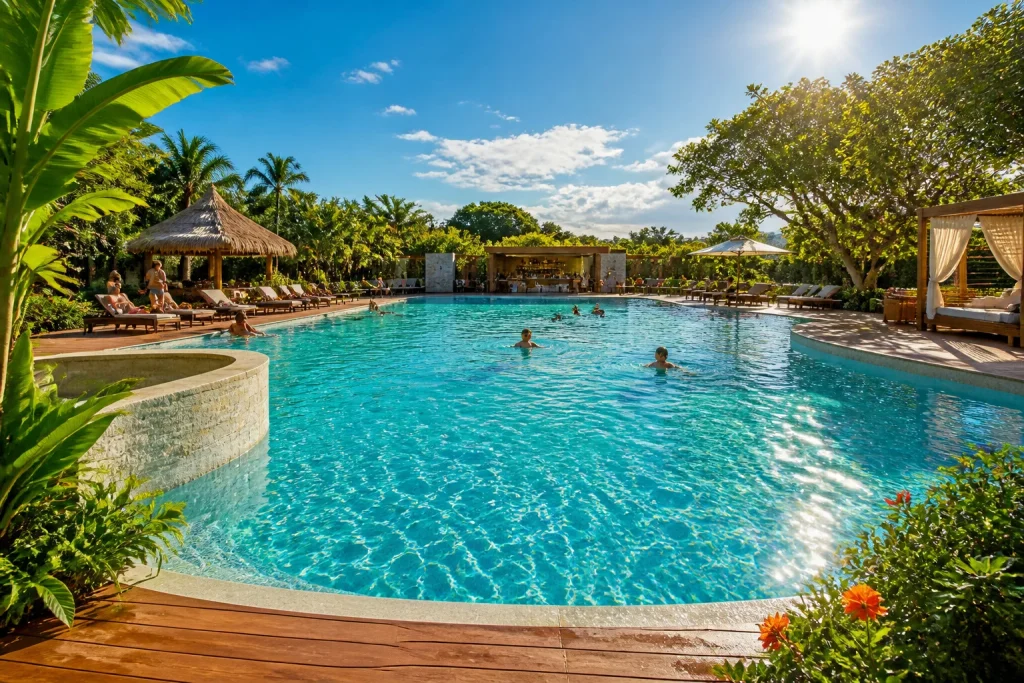 Piscine luxueuse sous le soleil eclatant