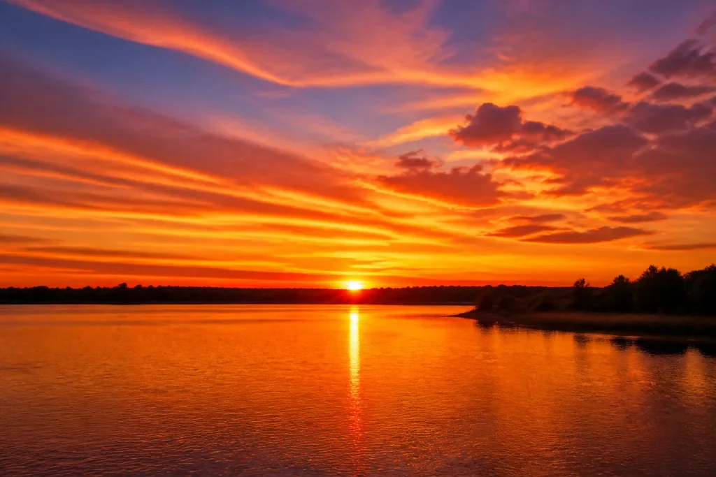 Coucher de soleil dete flamboyant sur leau