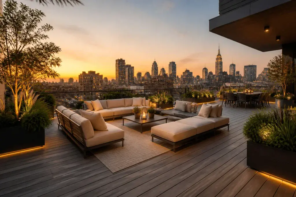 Terrasse de luxe au coucher du soleil