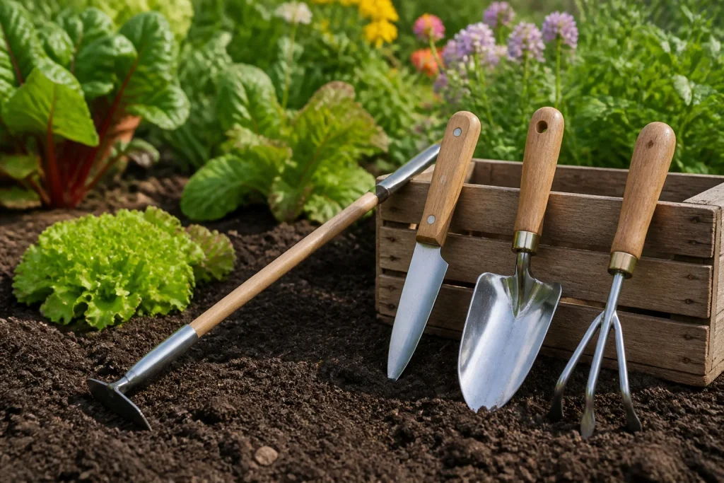 Outils de jardinage sur terre fraiche