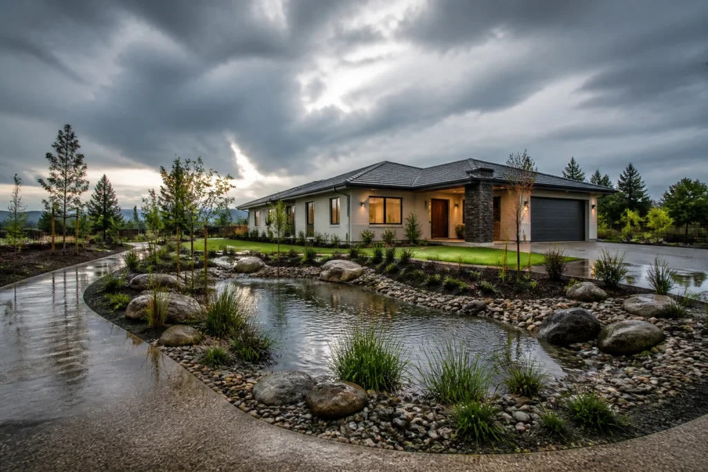 Maison moderne et bassin de retention