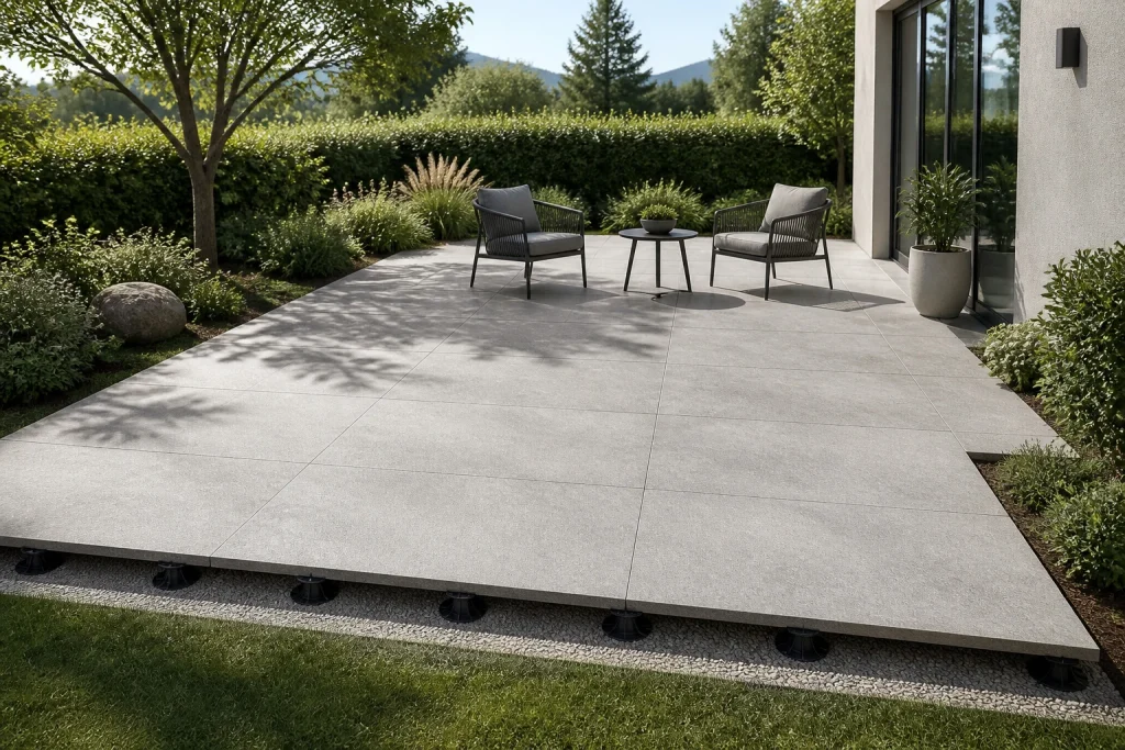 Terrasse moderne avec dalles grises
