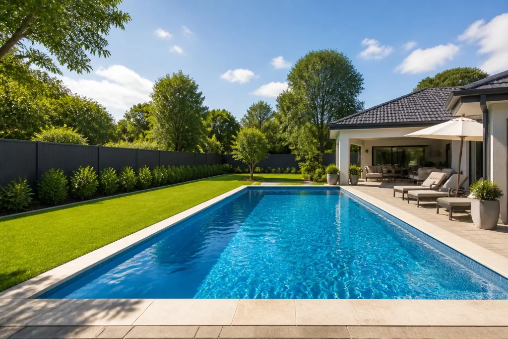 Piscine moderne et jardin luxuriant