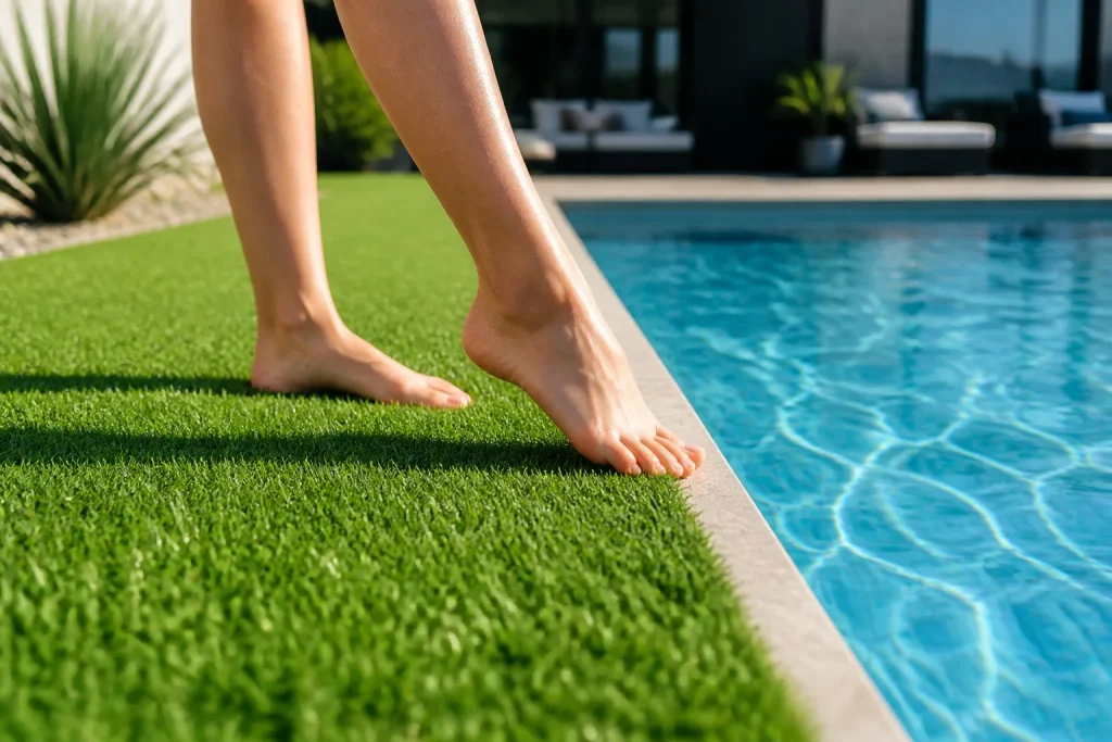 Pieds nus sur la pelouse au bord de la piscine
