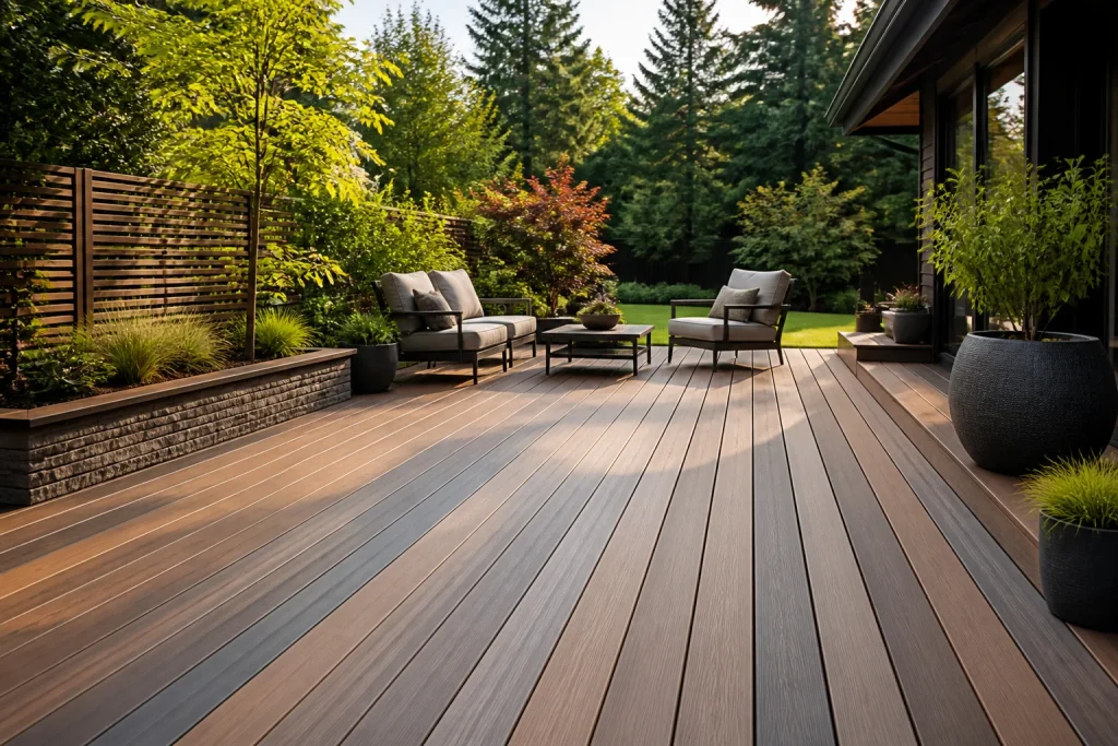 Terrasse composite moderne et jardin luxuriant